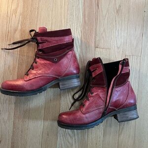 Red Lace Up Boots with Chunky Sole and Distressed Leather